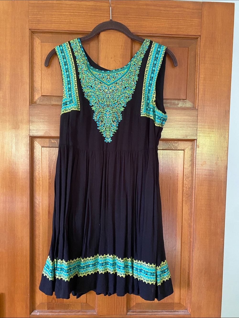 Black Sleeveless Dress with Turquoise & Yellow Print small